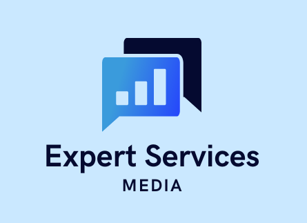 Expert Services Media Logo consisitng of stylised speech bubbles including a growth bar chart in blue shades